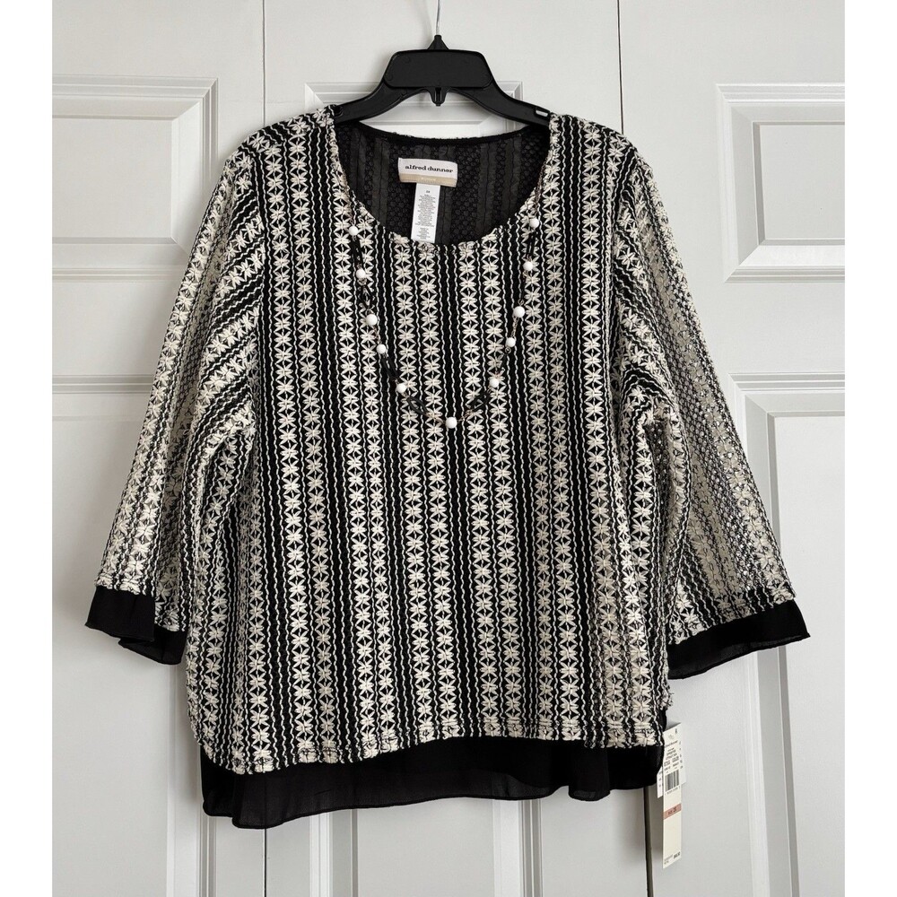 ALFRED DUNNER WOMENS TOPS SIZE 2X EMBROIDERED LACE SHEER TUNIC PULLON 3/4 SLEEVE